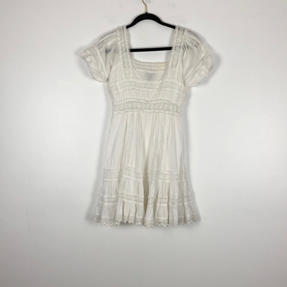 Vintage white short puff sleeve crochet lace square neck mini dress 8 - Picture 2 of 9